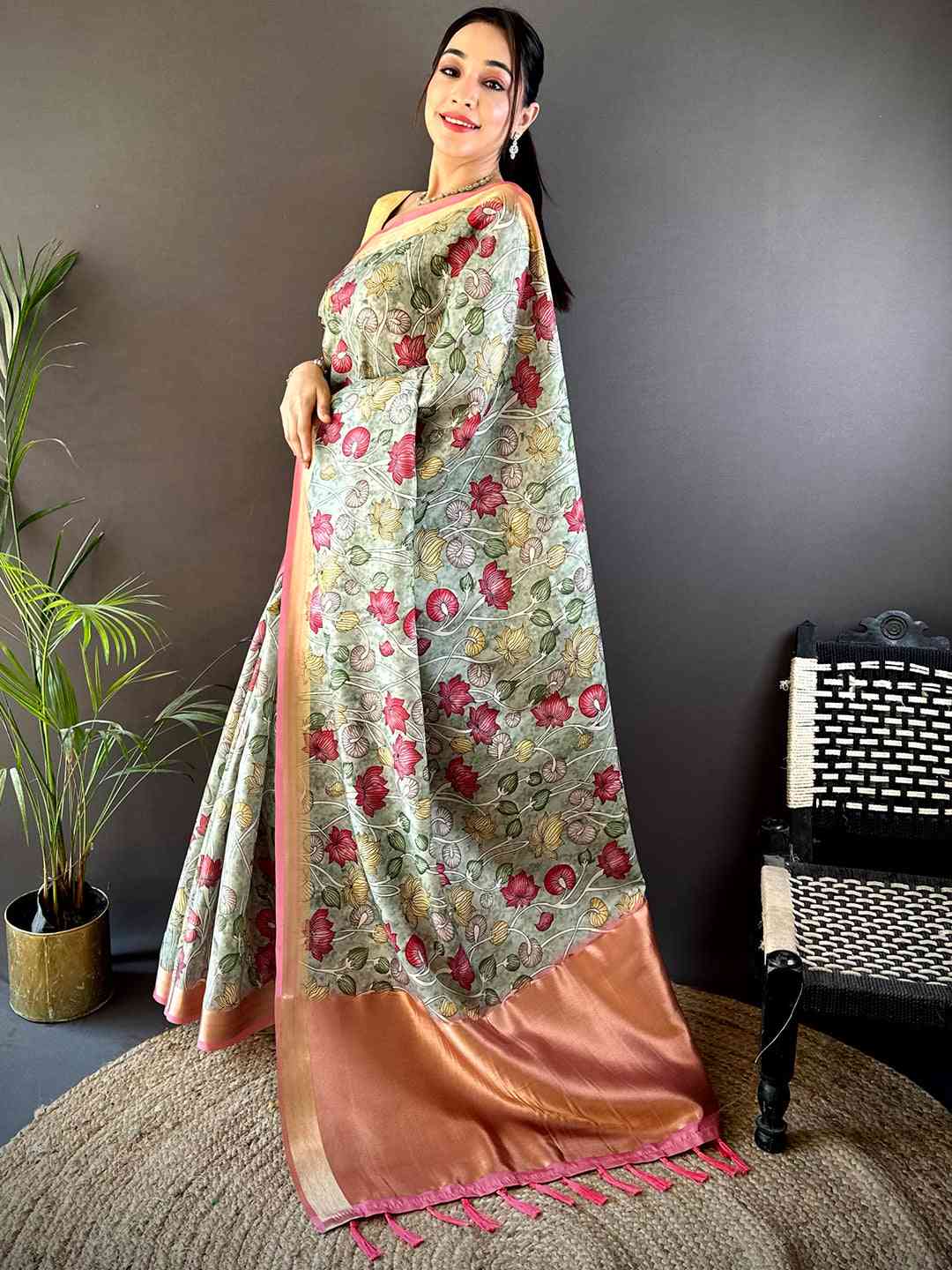 Mint Green Soft Silk Tissue Floral Print Saree by My Store