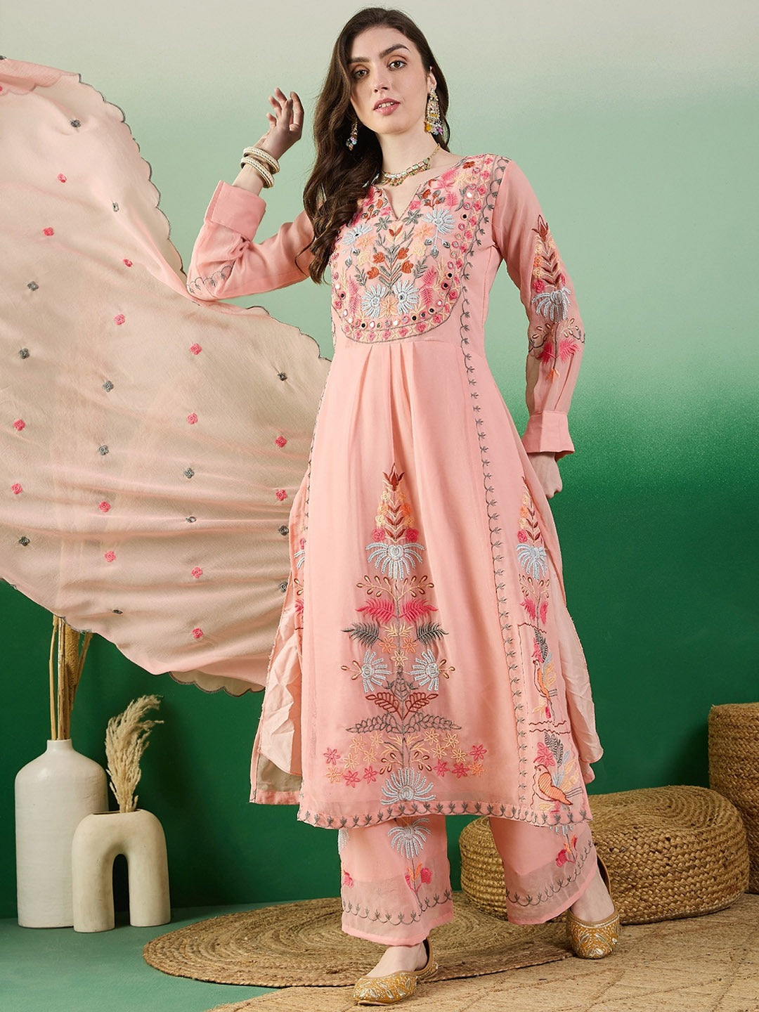 Ready To Wear Georgette Peach Kurta Set
