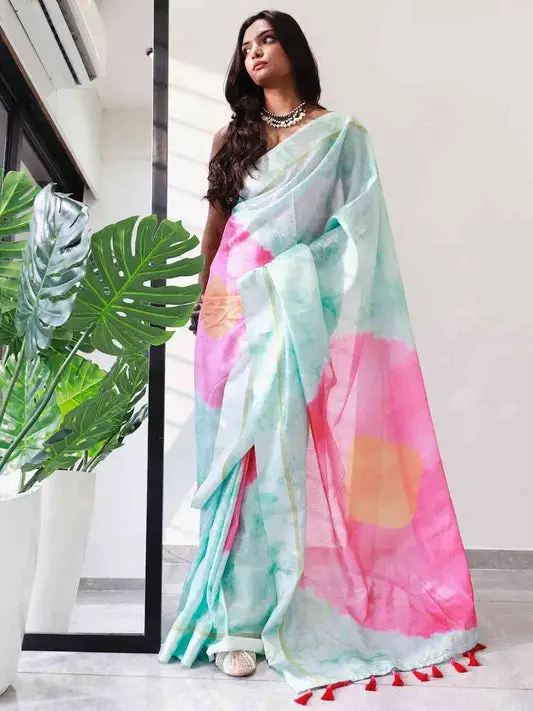 Tie dye Digital printed Satin Kota Doriya Designer Saree in Sky Blue Colour