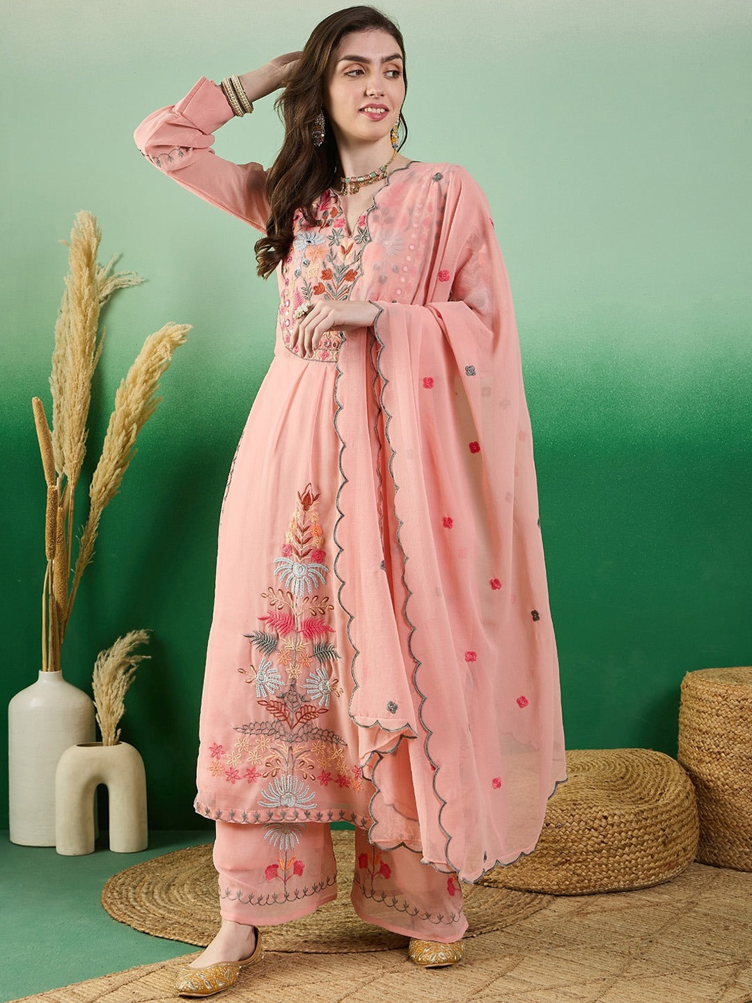 Ready To Wear Georgette Peach Kurta Set