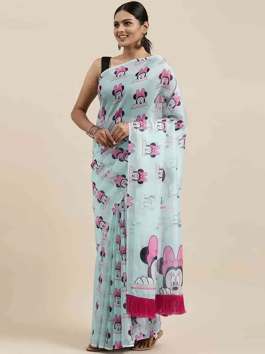 Blue Colour Silk Saree with Playful Mickey Print and Tassel-Adorned Pallu