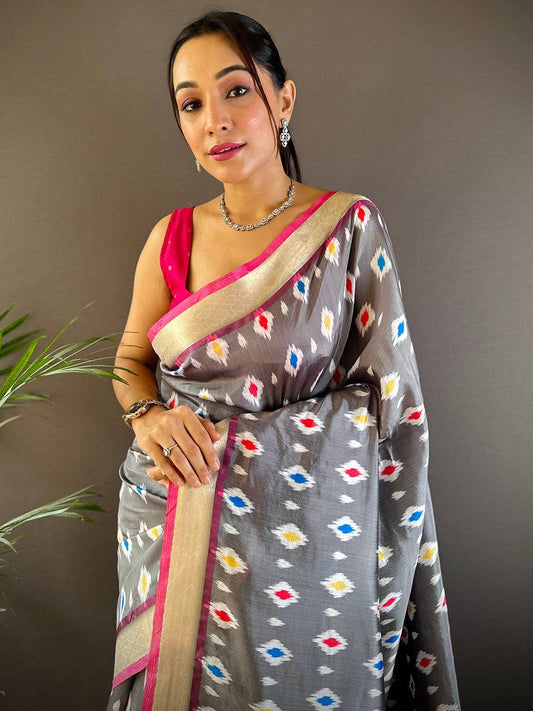 Grey Ikkat Paithani Soft Silk Saree by My Store
