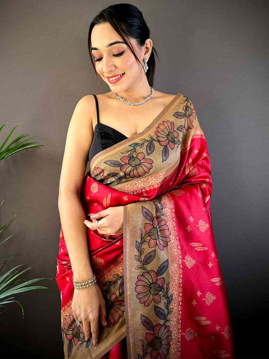 Red Soft Silk Kalamkari Printed Pallu Saree by My Store