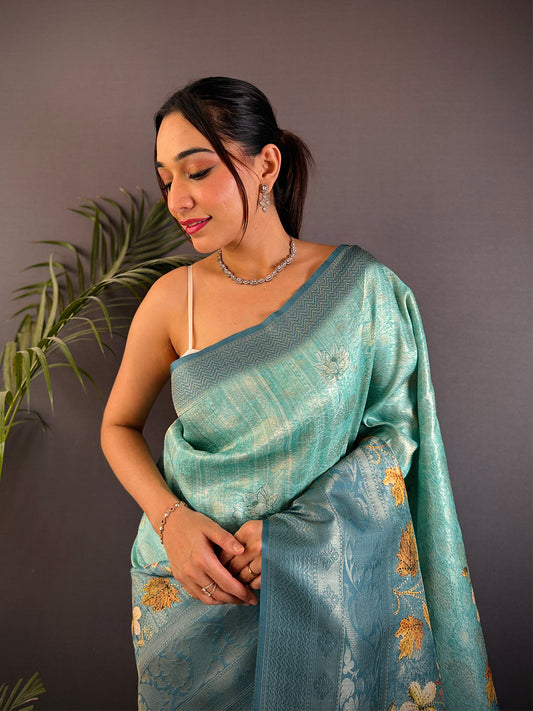 Denim Blue Kanjivaram Silk Digital Print Saree by My Store