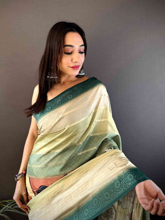 Green Crepe Silk Floral Saree by My Store