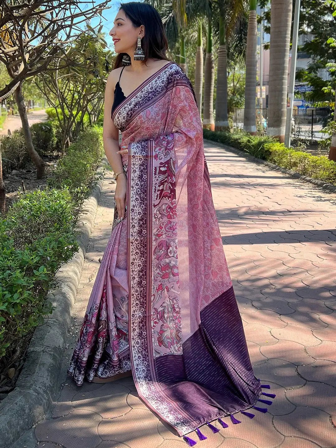 Satin Kota Doria Saree With Kalamkari Digital Print In Pink Colour by My Store