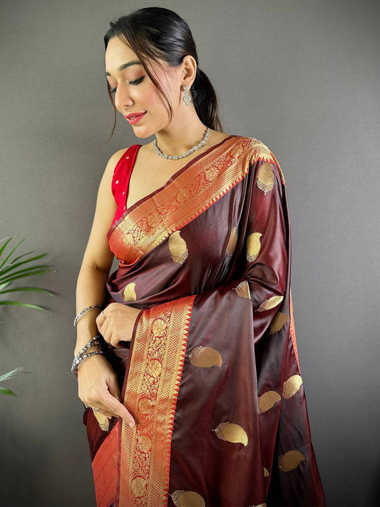 Brown Banarasi Soft Satin Masru Mango Silk Saree by My Store