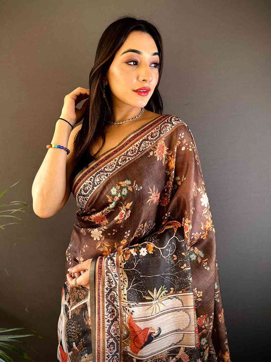 Coffee Brown Tissue Chanderi Kalamkari Handprint Saree by My Store