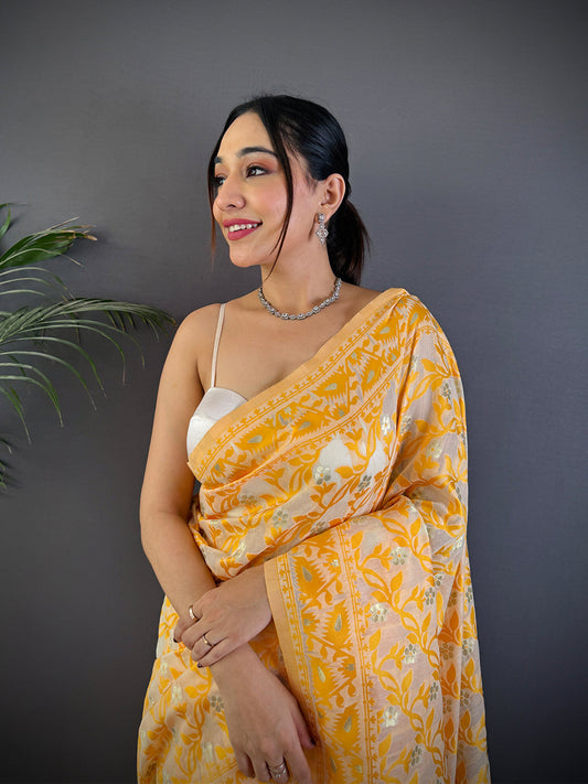 Gold Soft Dhakai Jamdani Silk Saree by My Store