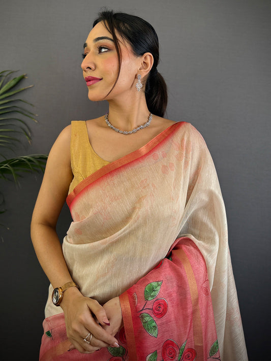 Red Linen Chanderi Floral Print Saree by My Store