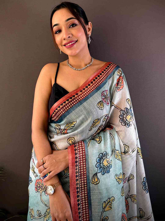 Sky Blue Zari Tussar Floral Saree by My Store