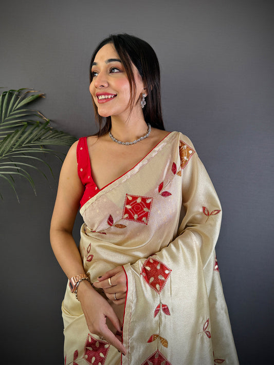 Cream Bandhej Patch Work Tissue Saree by My Store