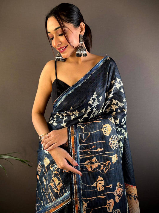 Deep Teal Monochromatic Botanical Print Saree by My Store