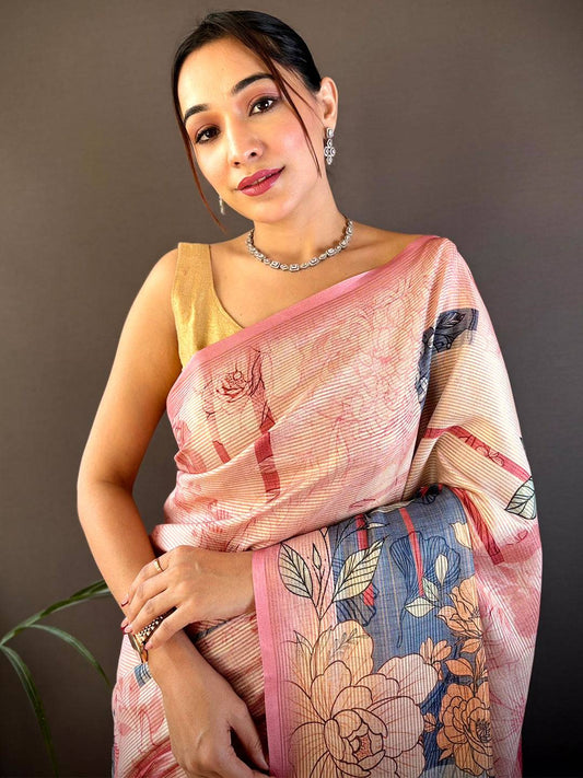 Rose Pink Tussar Floral Saree by My Store