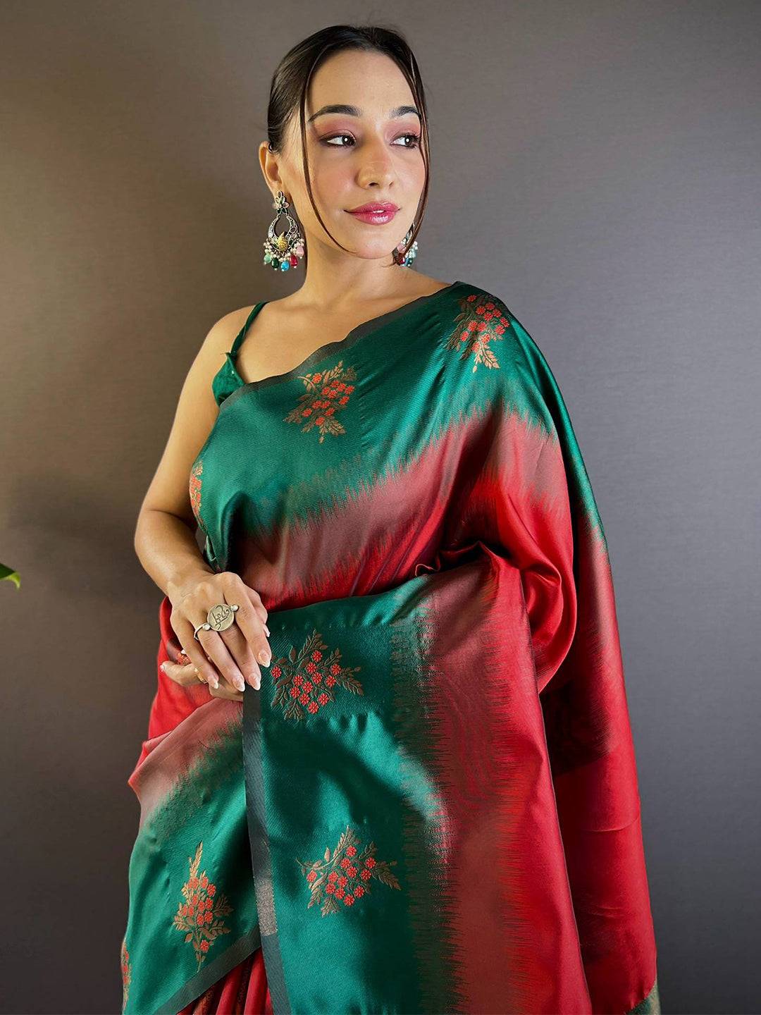 Cherry Red Sami Banarasi Tussar Silk Saree by My Store