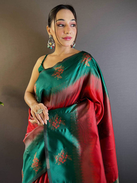 Cherry Red Sami Banarasi Tussar Silk Saree by My Store