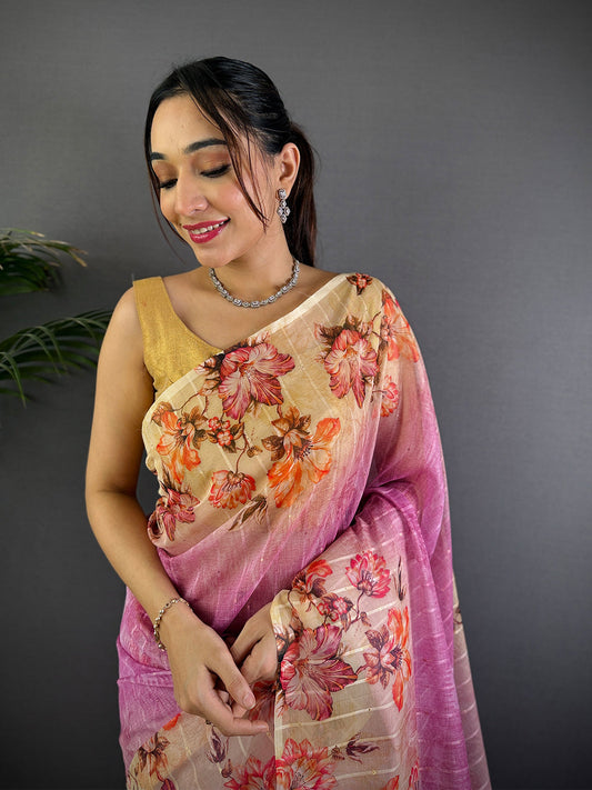 Rose Pink Soft Organza Digital Floral Saree by My Store