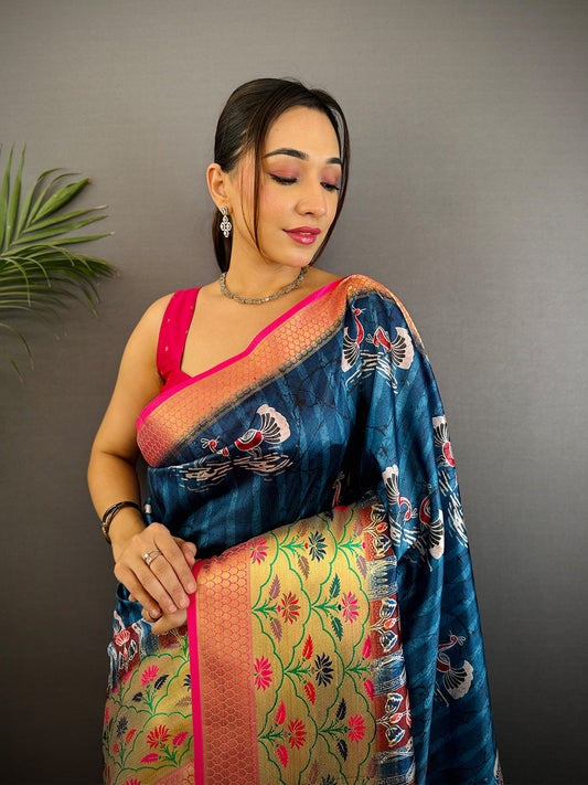 Dark Blue Freehand Digital Print Soft Silk Saree by My Store