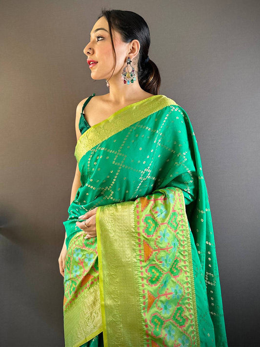 Green Katan Silk Ikkat Saree by My Store