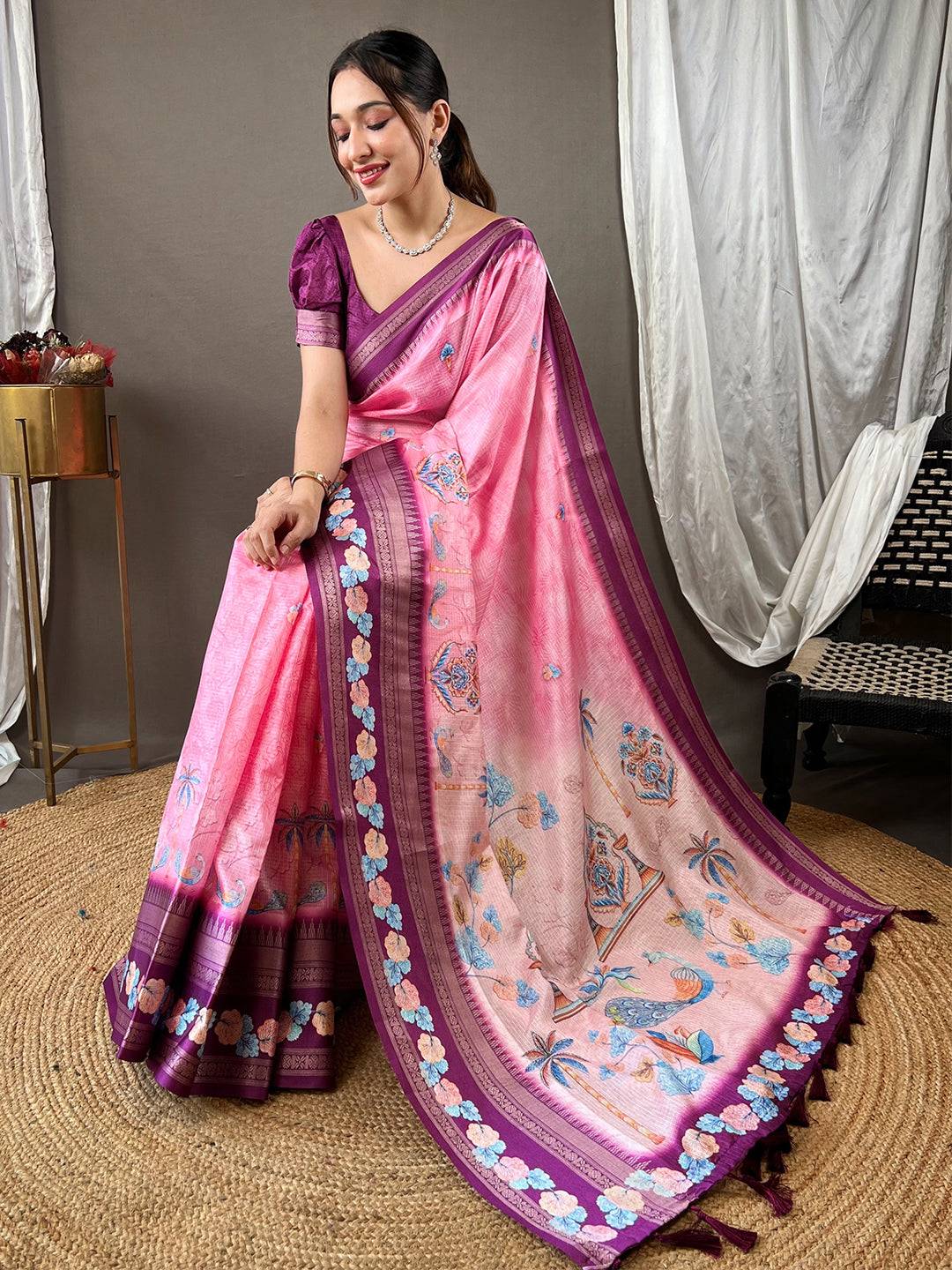 Oriental lily Pink Kota Satin Border Saree by My Store