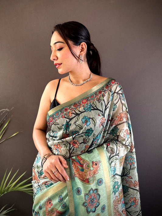 Pista Floral Kalamkari Chanderi Cotton Saree by My Store