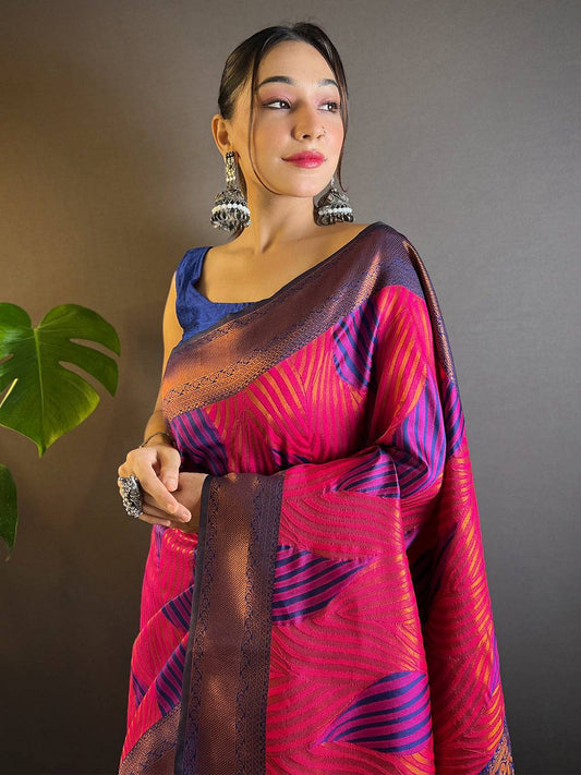 Rani Tussar Silk Zari Weaving Ikkat Saree by My Store