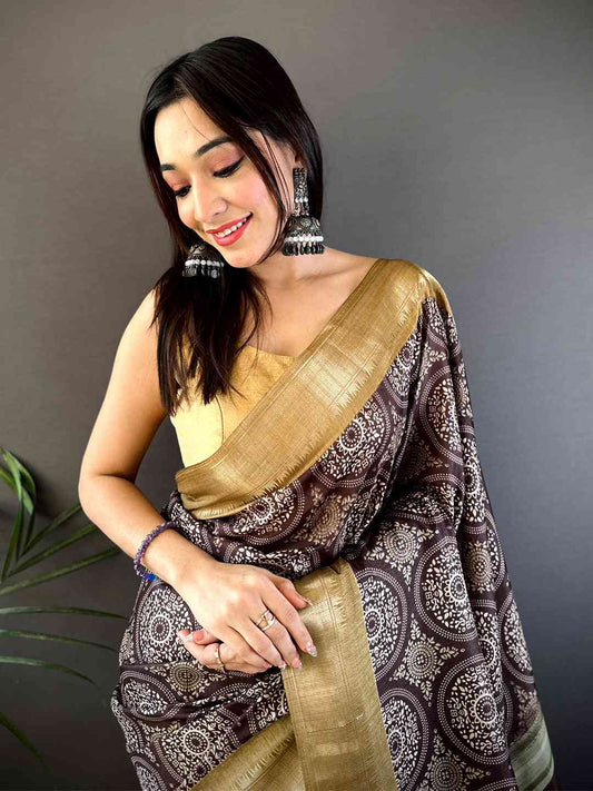Brown Soft Manipuri Silk Bandhej Saree by My Store