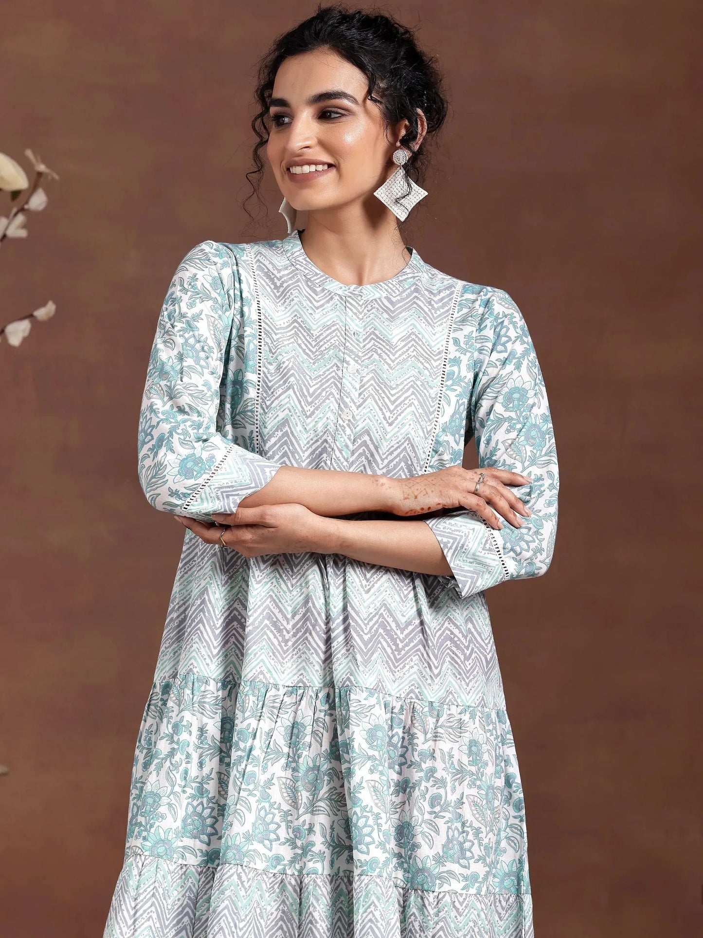 Off White Printed Cotton A-Line Dress by My Store