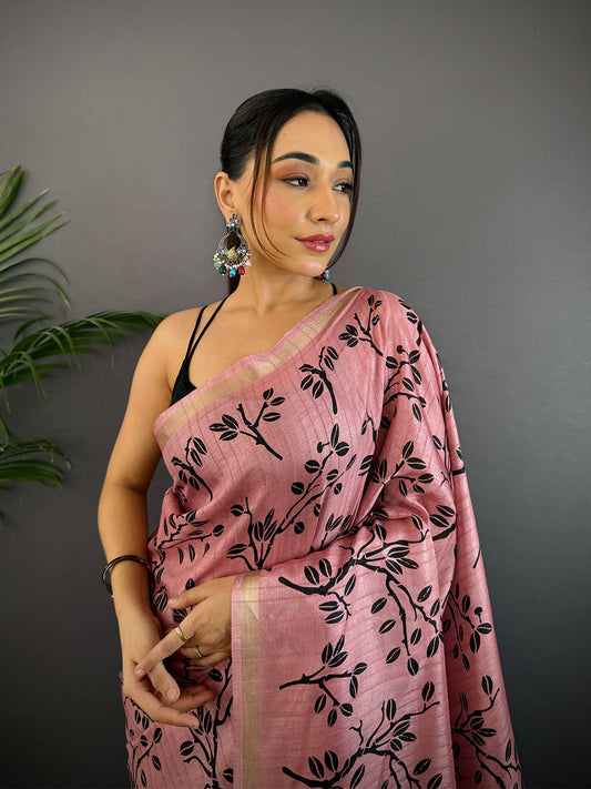 Rose Pink Ghicha Leaf Print Saree by My Store