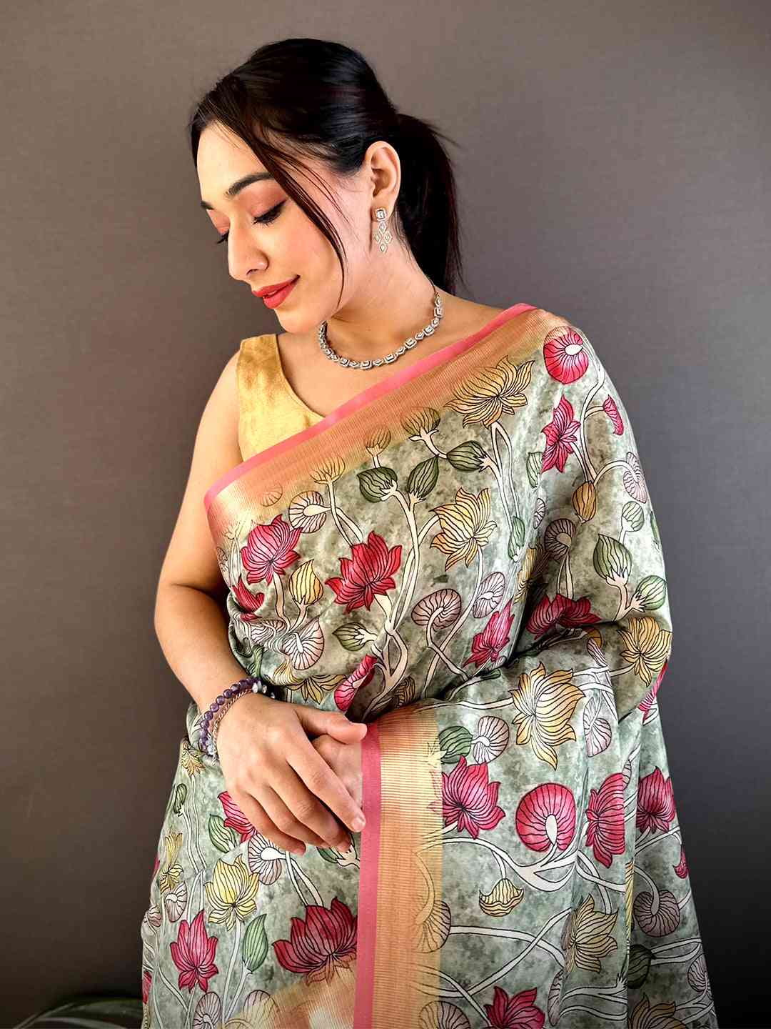 Mint Green Soft Silk Tissue Floral Print Saree by My Store