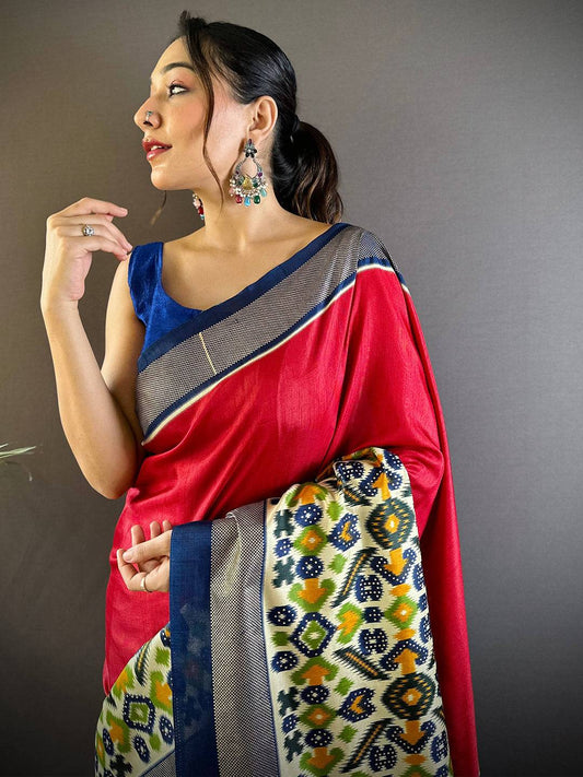 Red Patola Print Chanderi Saree by My Store