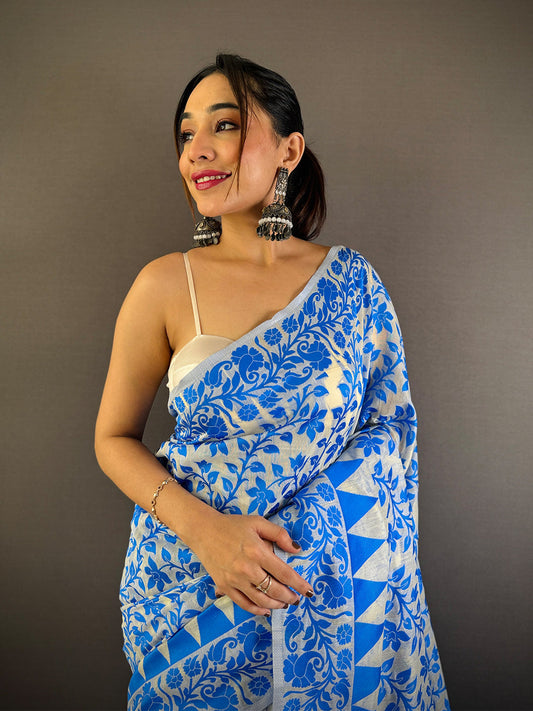 Sky Blue Dhakai Jamdani Cotton Silk Saree by My Store
