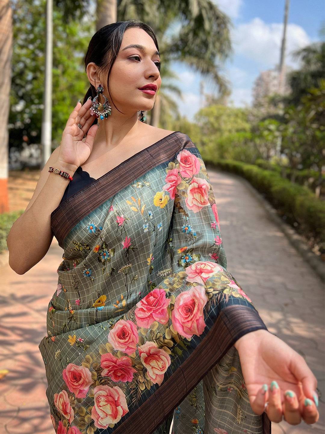 Teal Soft Silk Copper Zari Weaving Digital Floral Saree