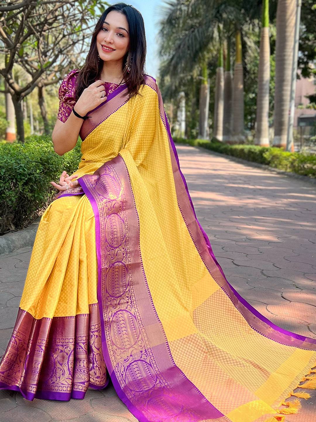 Yellow Aura Soft Silk Saree With Kanjivaram Weaving Broced Zari Blouse