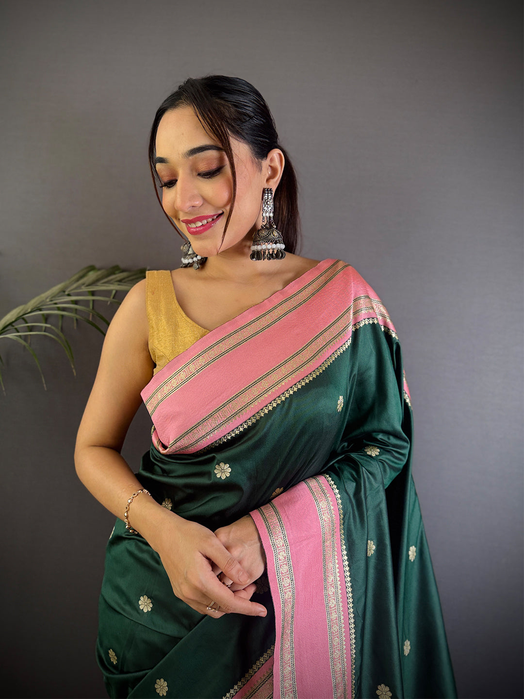 Bottle Green Soft Silk Floral Butta Saree by My Store