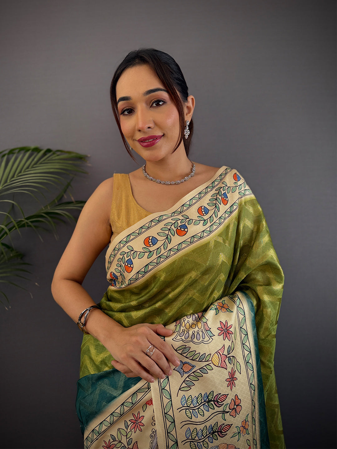 Olive Madhubani Print Soft Silk Saree by My Store