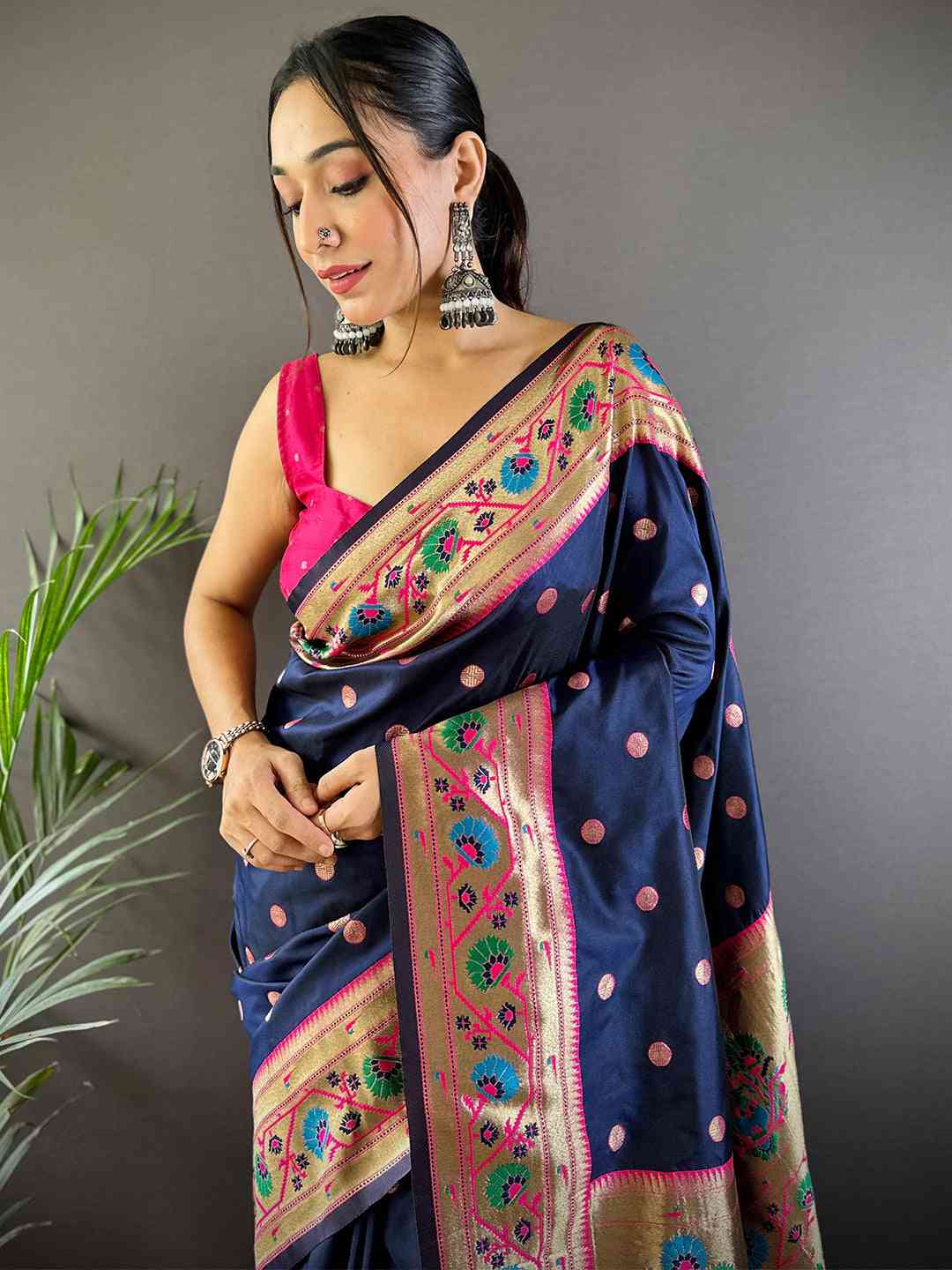 Navy Colour Yevla Paithani Soft Silk Saree by My Store