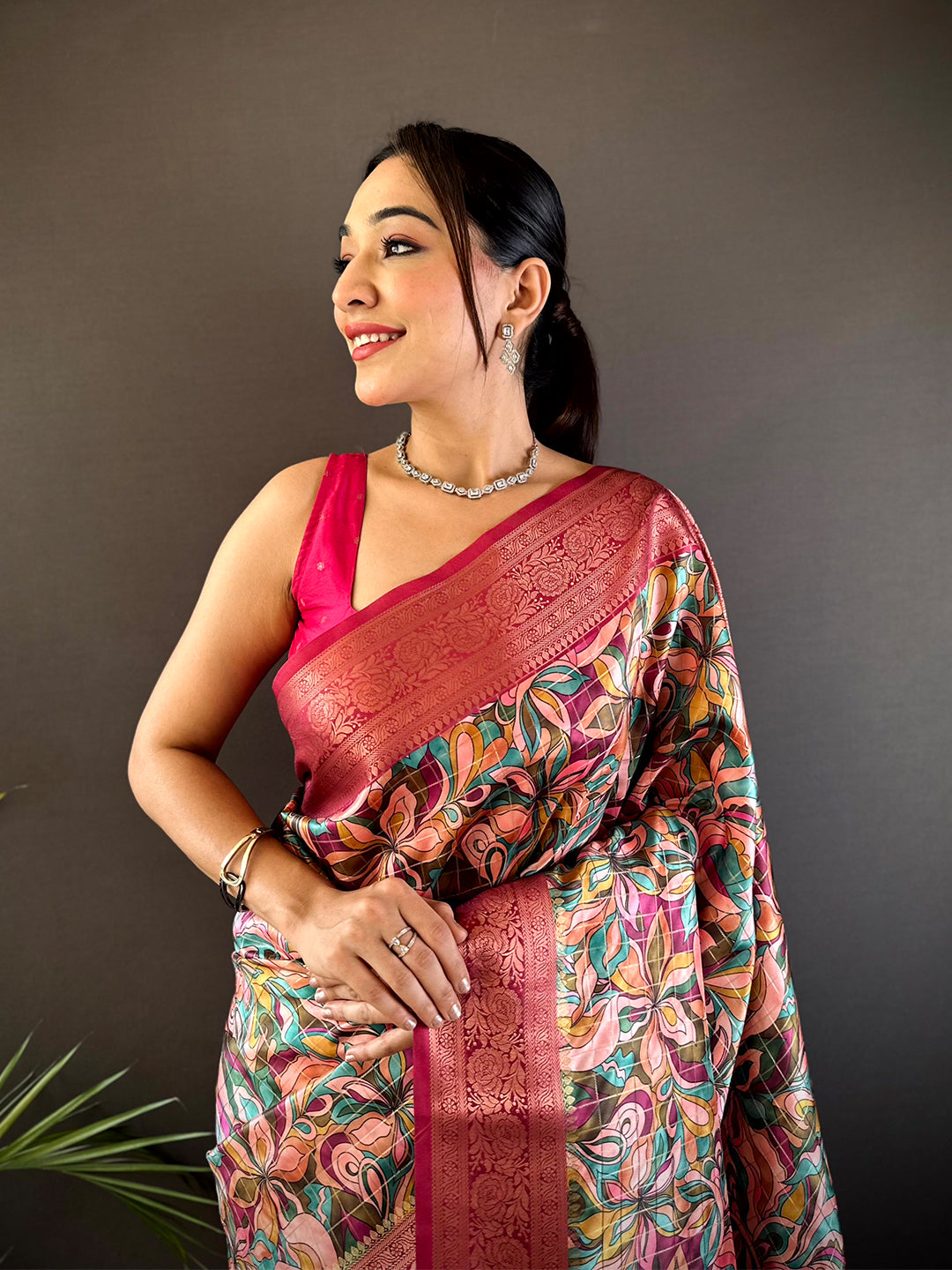 Red Soft Gadwal Pattu Geometric Saree by My Store