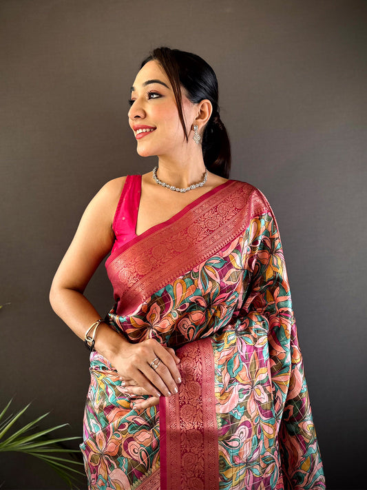 Red Soft Gadwal Pattu Geometric Saree by My Store