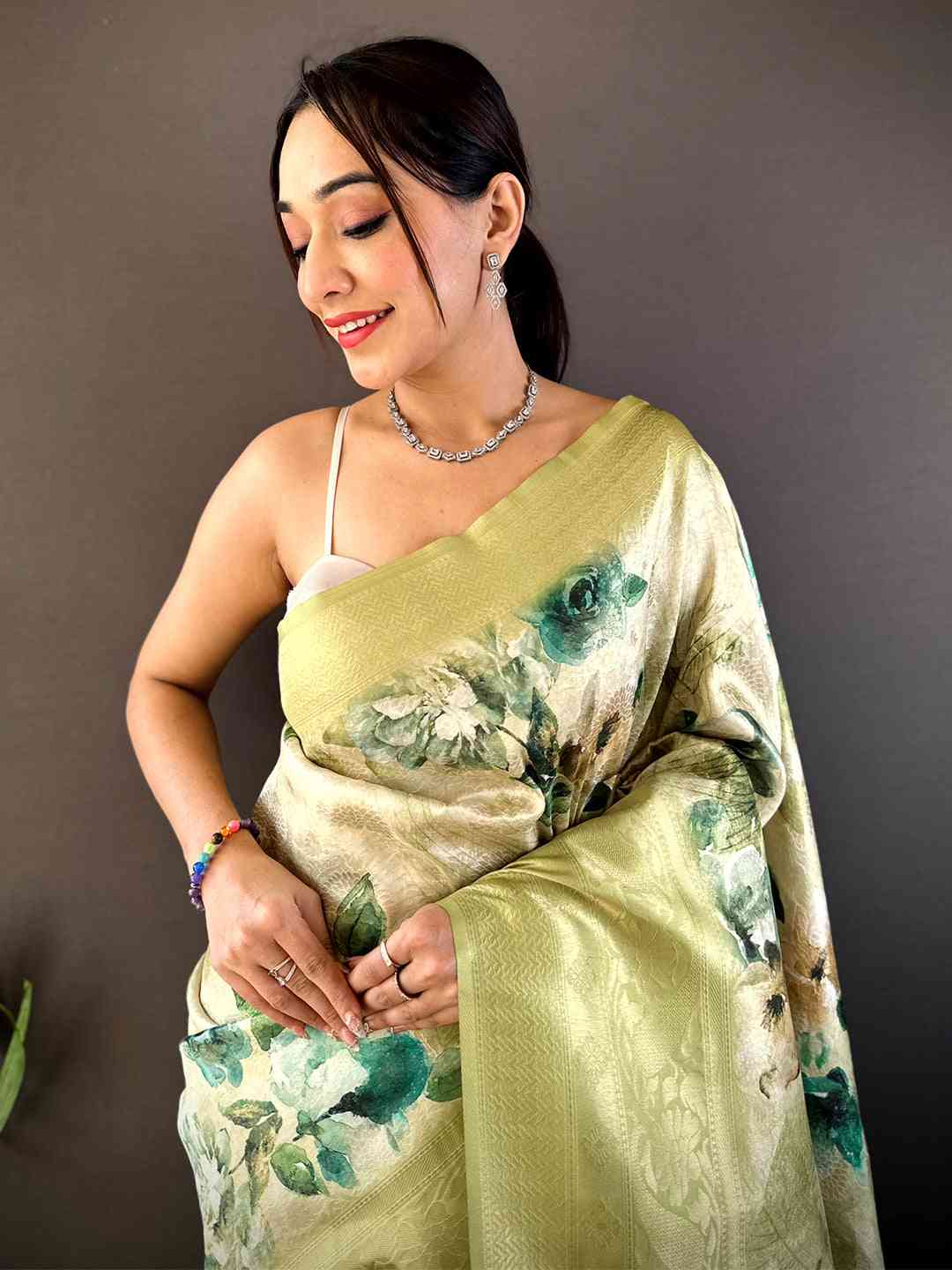 Olive Kanjivaram Digital Silk Saree by My Store