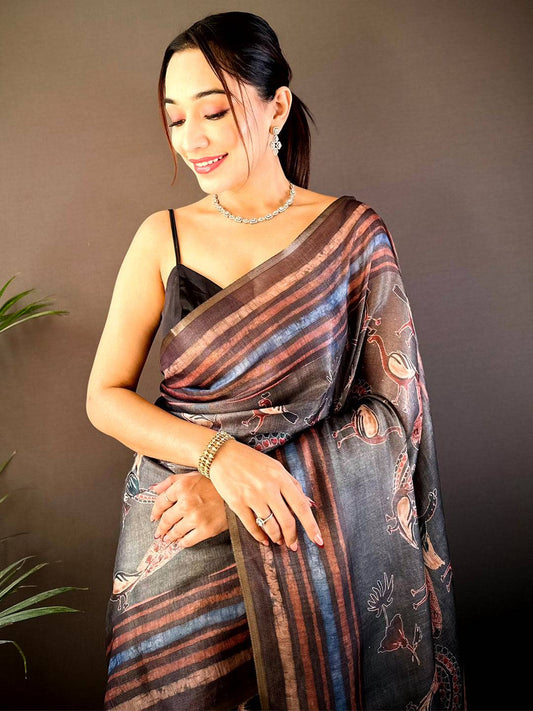 Grey Chanderi Floral Kalamkari Digital Print Saree by My Store