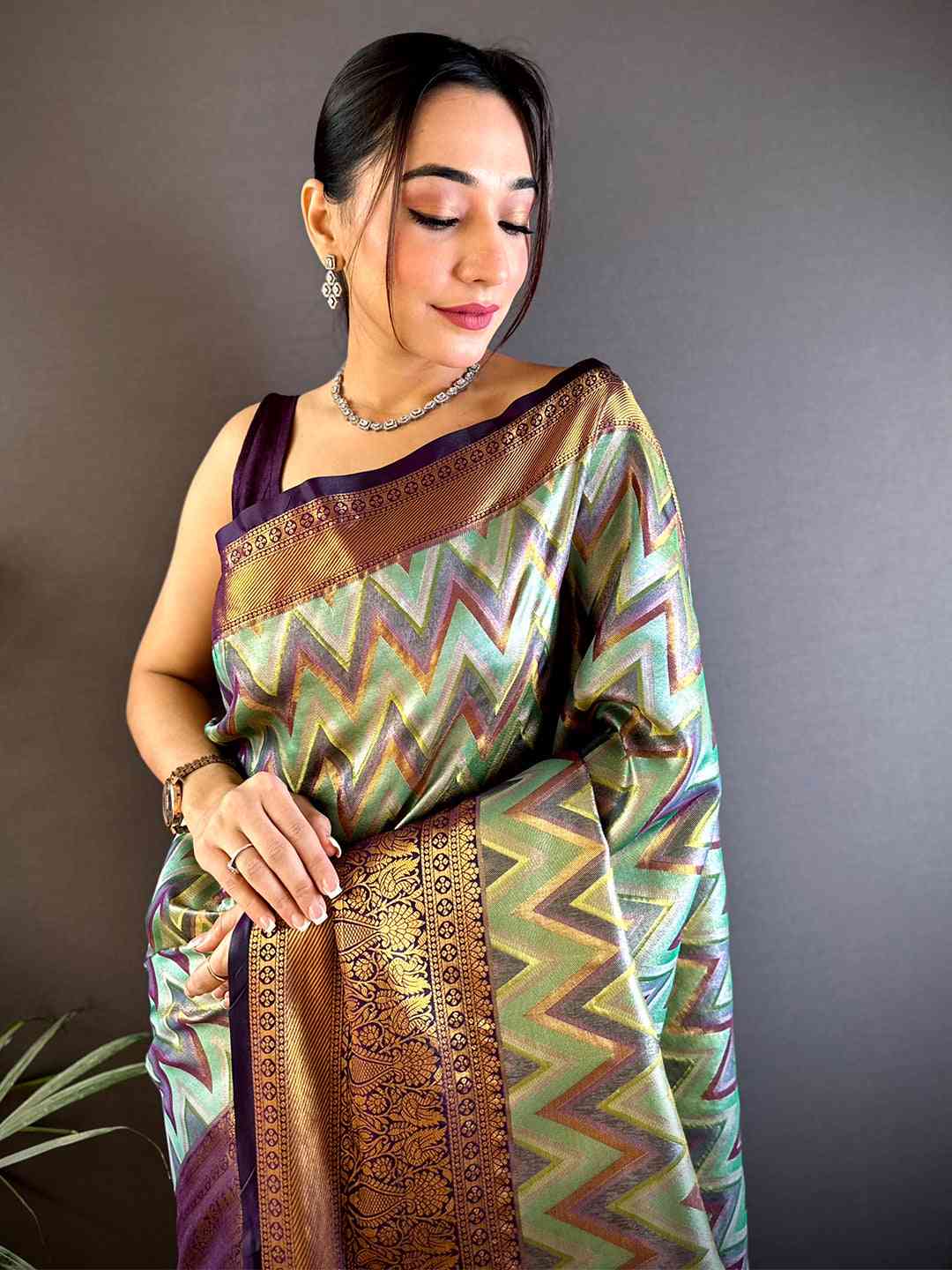 Majestic Brown Zigzag Dharmavaram Silk Saree by My Store