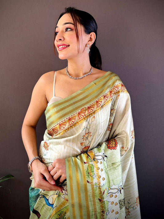 Elegant Soft Silk Pista Pichwai Prints Saree by My Store