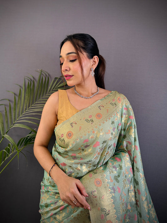 Jangal Minaather Zari Weaving Banarasi Silk Saree by My Store