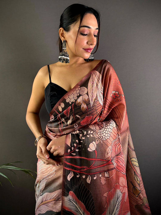 Rust Semi Gold Zari Botanical Tussar Saree by My Store