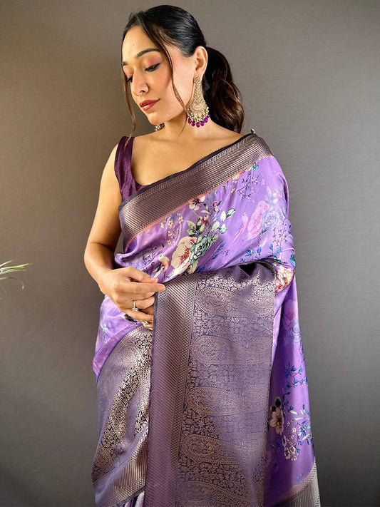 Lilac Purple Satin Silk Floral Print Saree by My Store