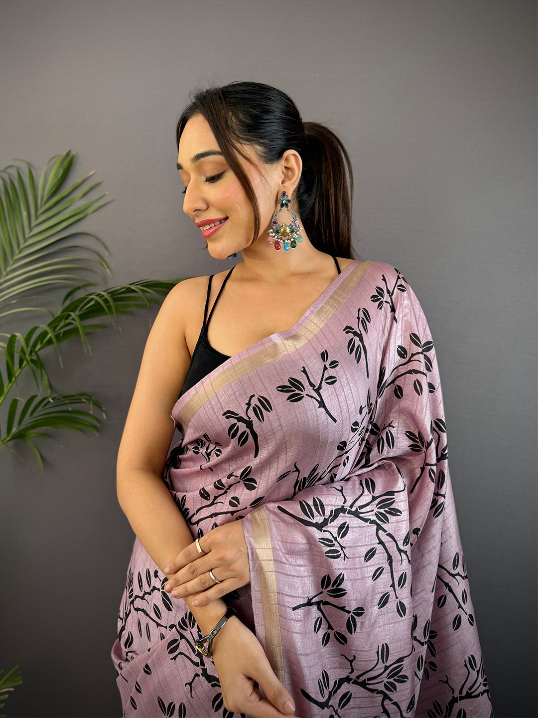 Lavender Ghicha Leaf Print Saree by My Store