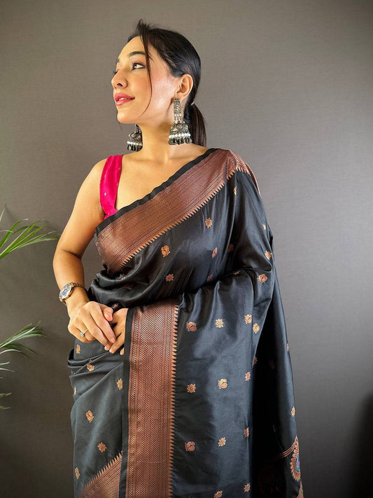 Raven Black Copper Elegance Soft Silk Saree by My Store