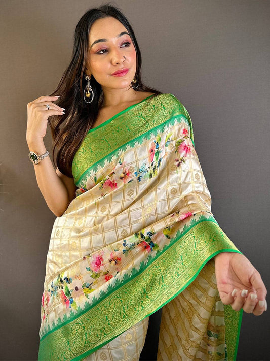 Green Kovai Rettapet Border Digital Print Saree by My Store