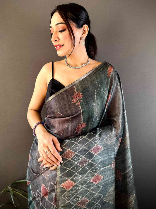 Grey Tissue Chanderi Geometric Floral Saree by My Store